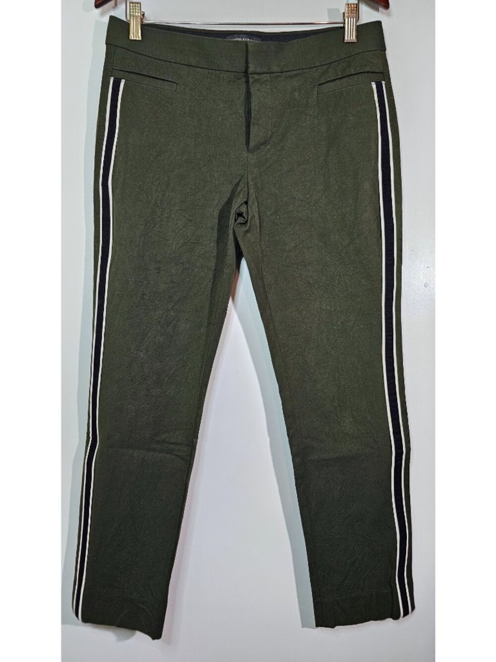 Banana Republic Sloan Skinny Fit Tuxedo Side Stripe Ankle Pant US6 Olive Green